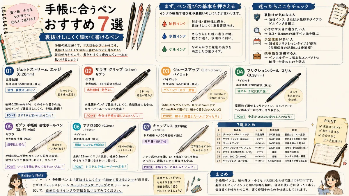 手帳に合うペンおすすめ7選 ｜裏抜けしにくく細かく書けるペン
