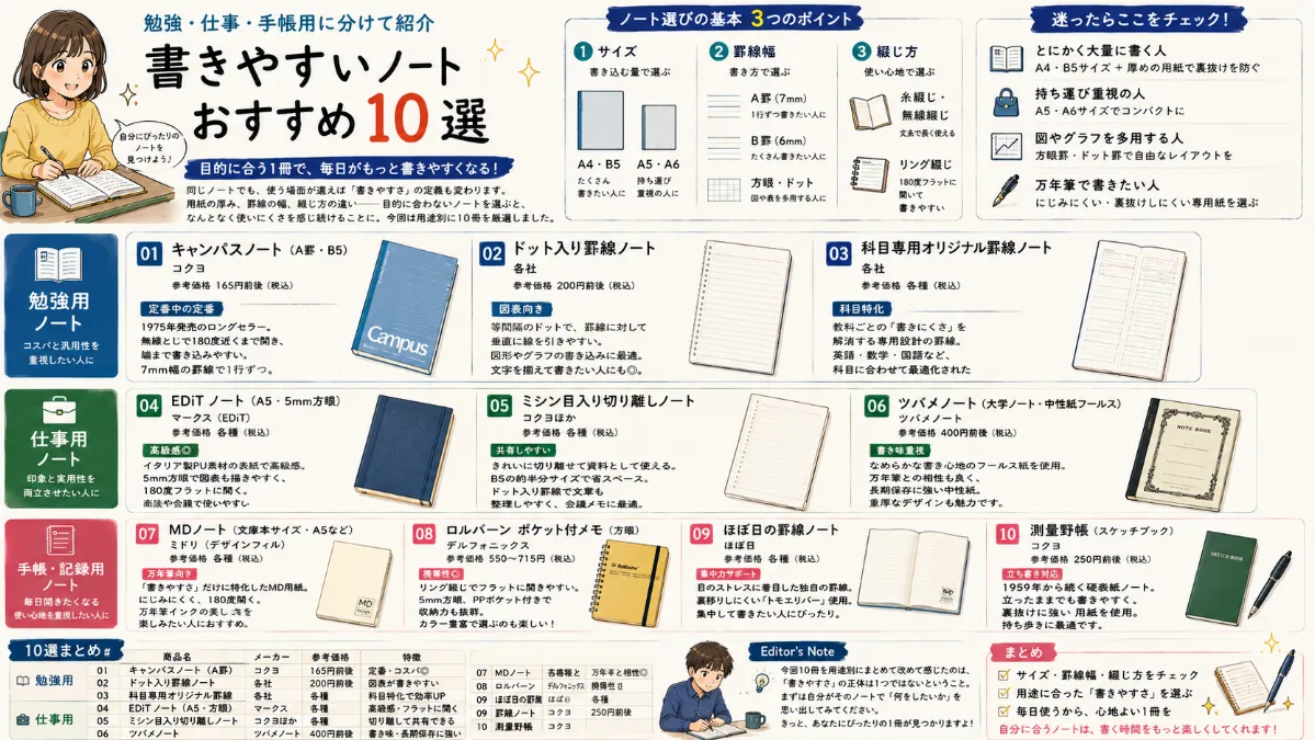 書きやすいノートおすすめ10選 ｜勉強・仕事・手帳用に分けて紹介