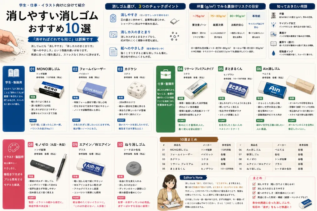 消しやすい消しゴムおすすめ10選 ｜学生・仕事・イラスト向け