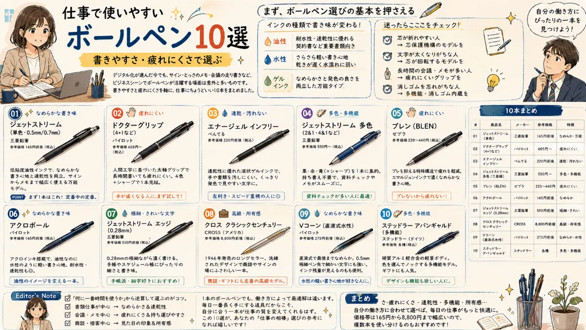 仕事で使いやすいボールペン10選 ｜書きやすさ・疲れにくさで選ぶ